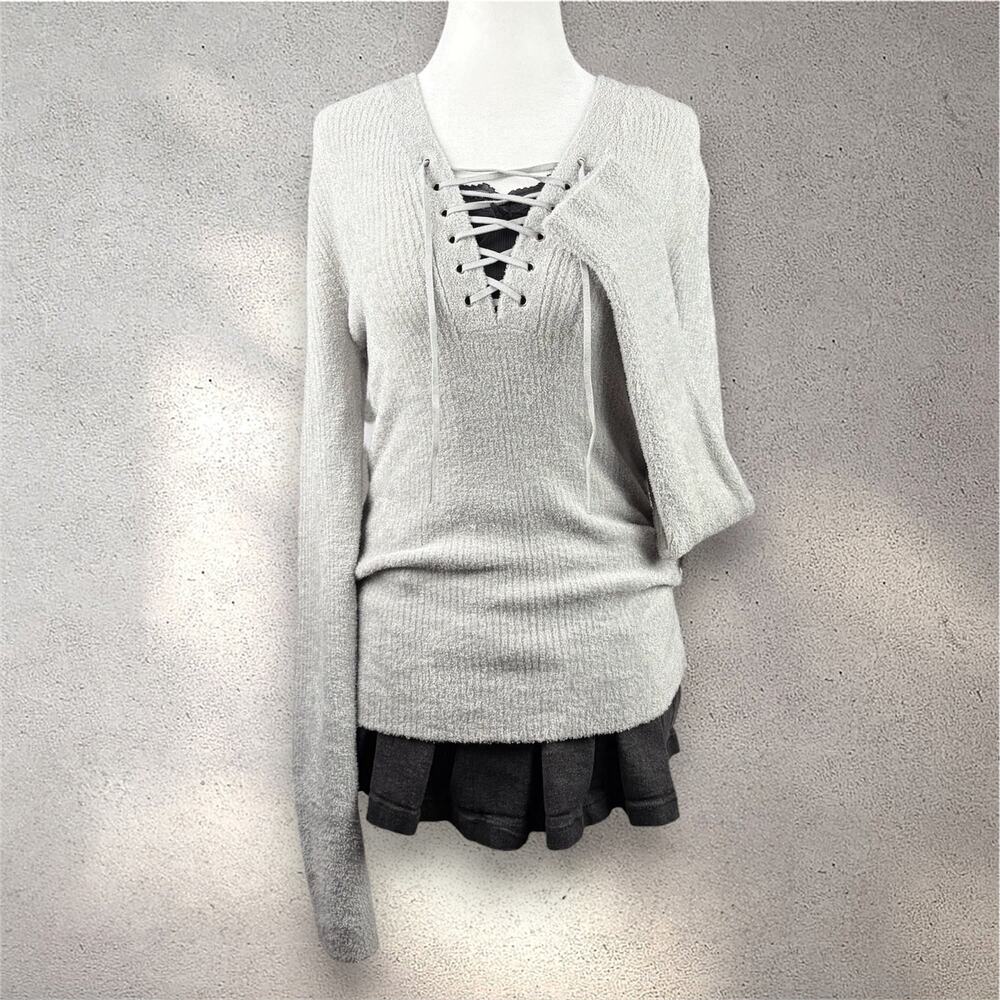 VTG Moda International Lace-Up Long Sleeve Women’s M Gray Ribbed Y2K Cozy Grunge